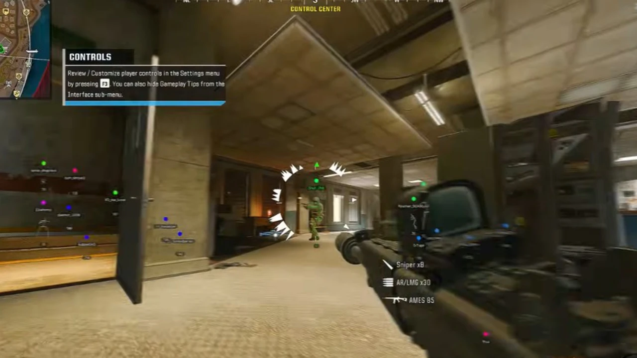 Warzone gameplay — ESP markers in Control Center corridor